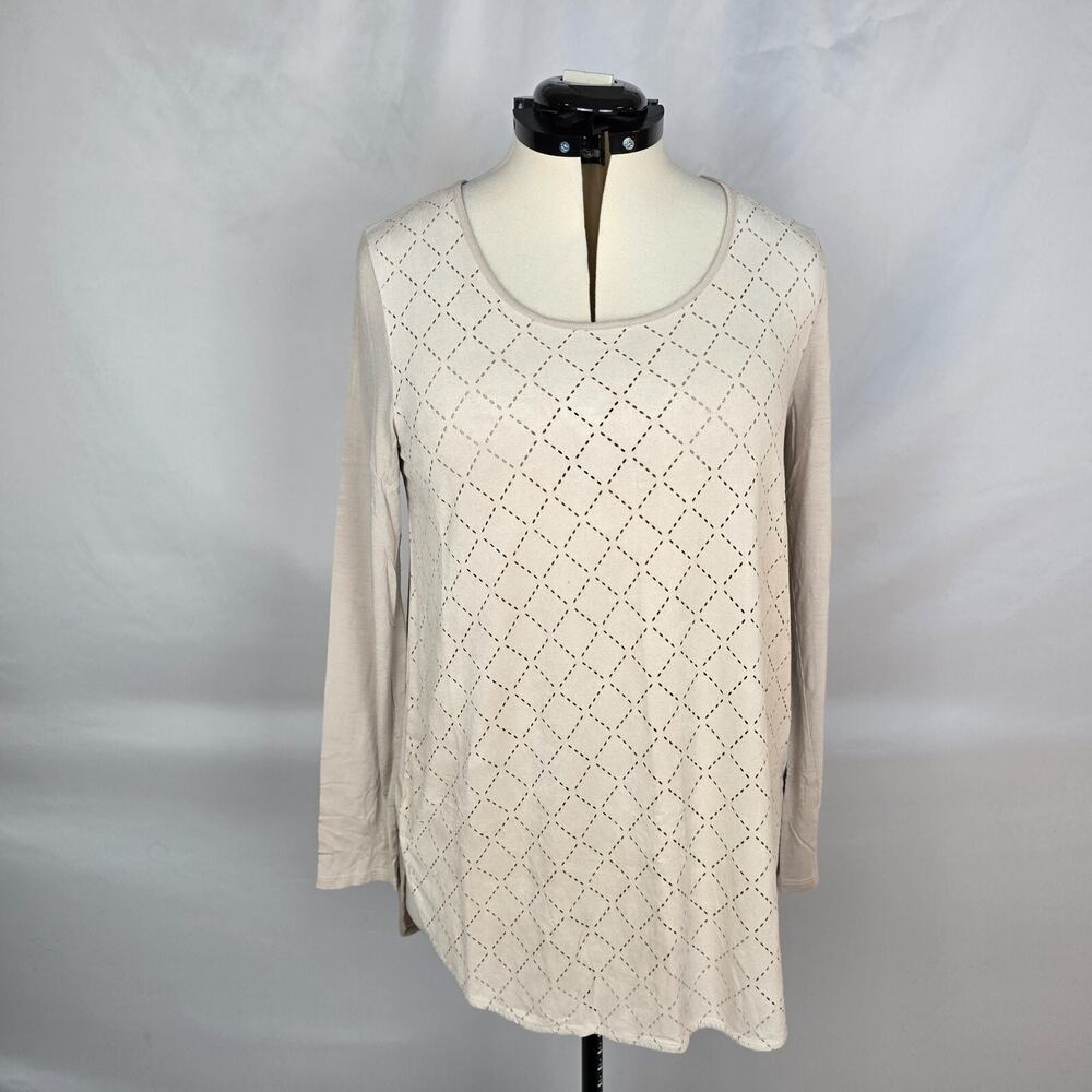 Soft Surroundings T-Shirt Women's M Tan Lightweight Long Sleeve Laser Cut